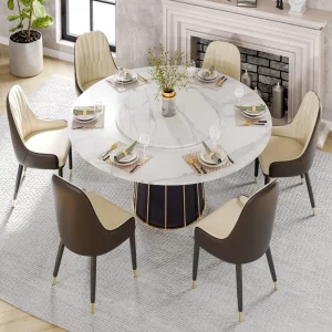 Modern Round Marble Dining Table with White Lazy Susan