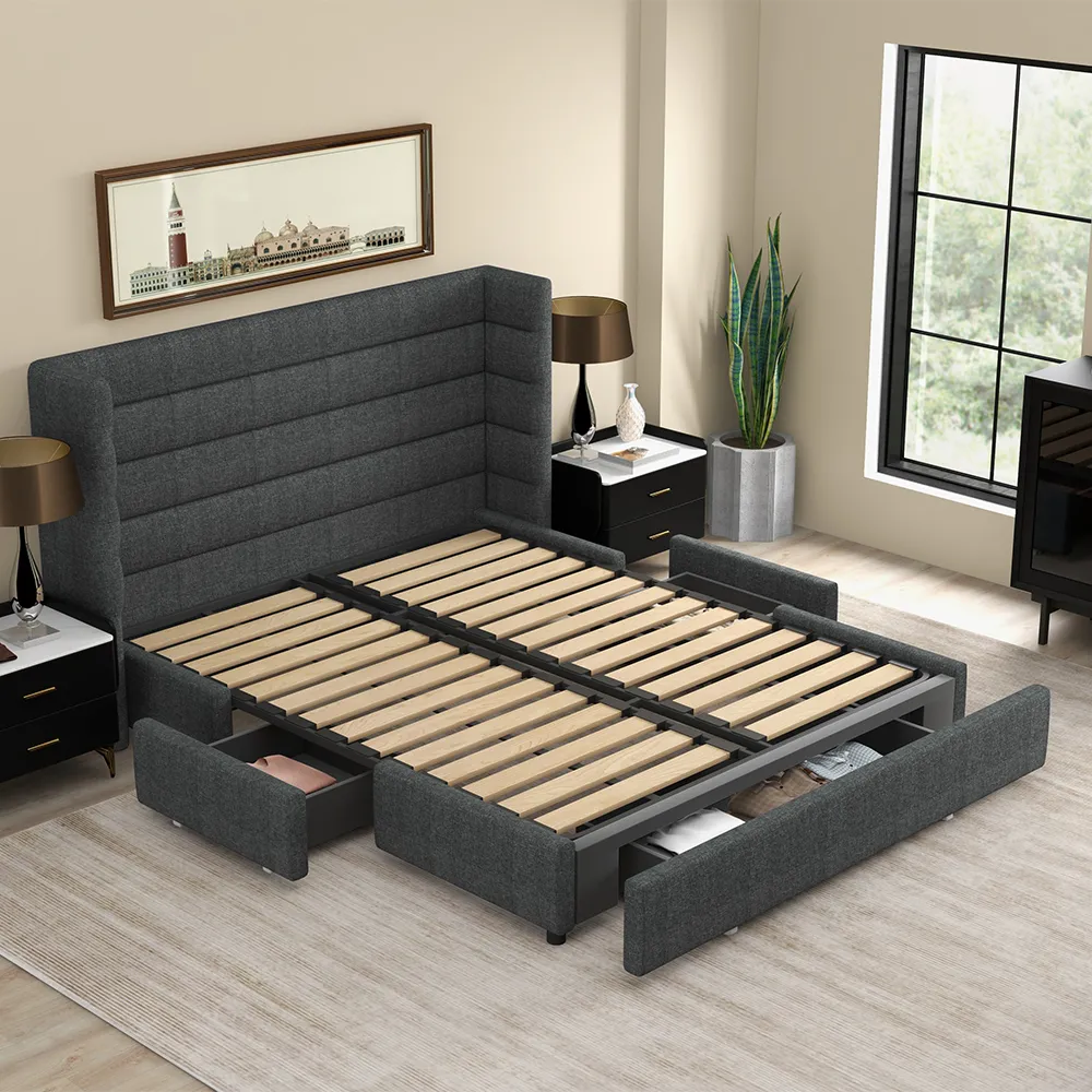 Wingback Platform Bed with 3 Drawers