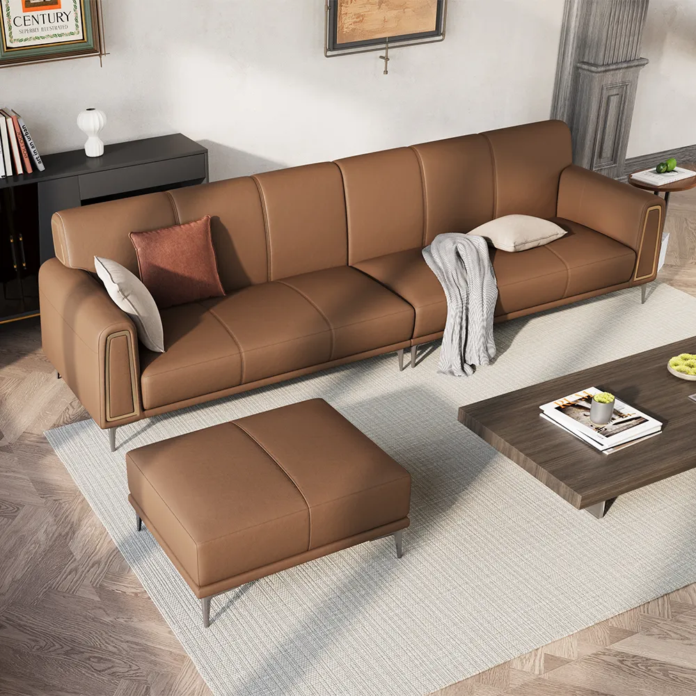 Leather Upholstered Sofa with Ottoman